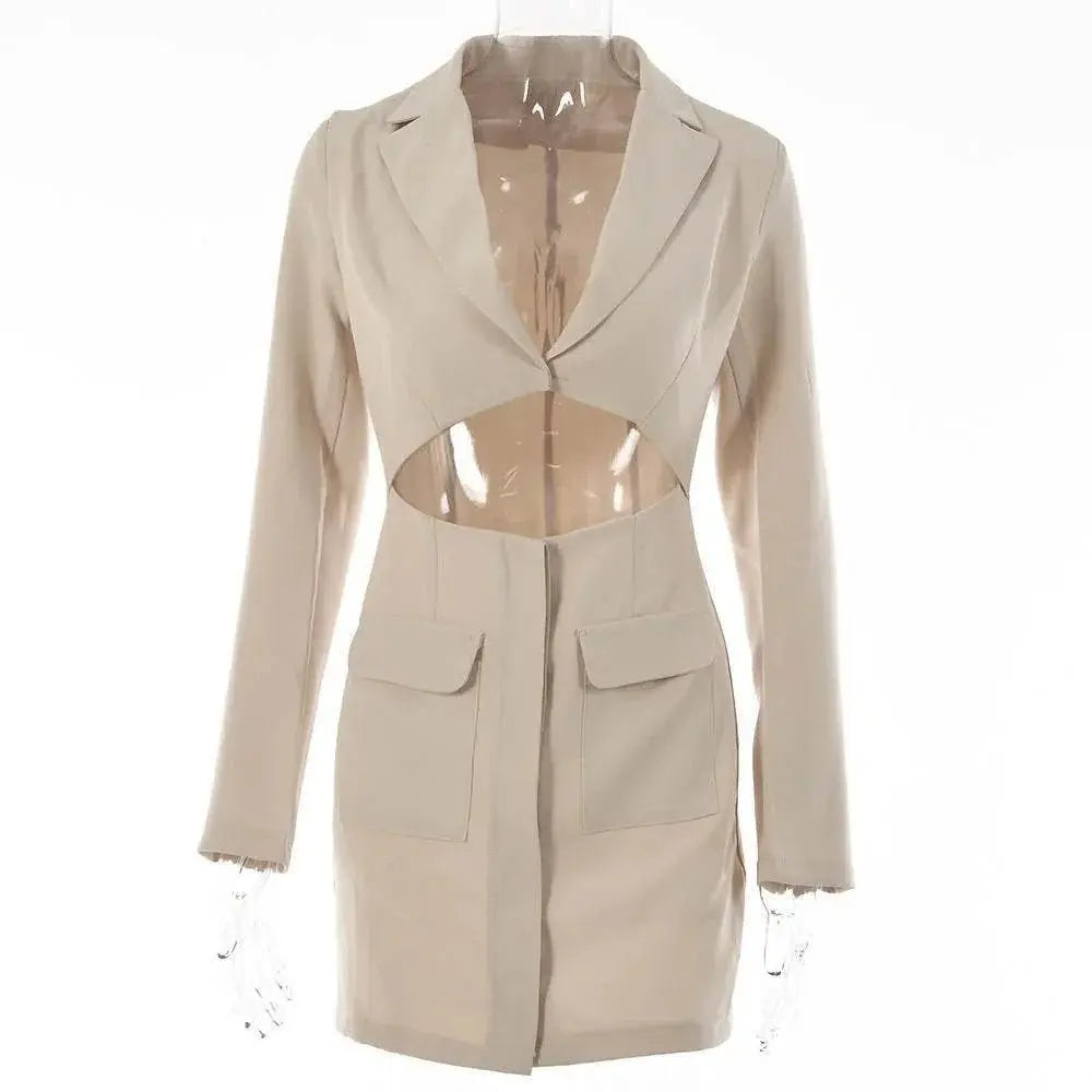 Blazer Dress Women Notched Collar Hollow Out Buttons Jacket  Pre2brand