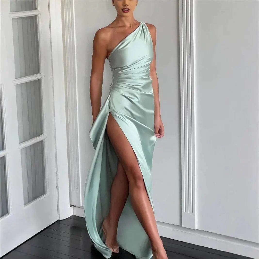 Graceful And Fashionable Slant Shoulder Split Satin Dress  Pre2brand