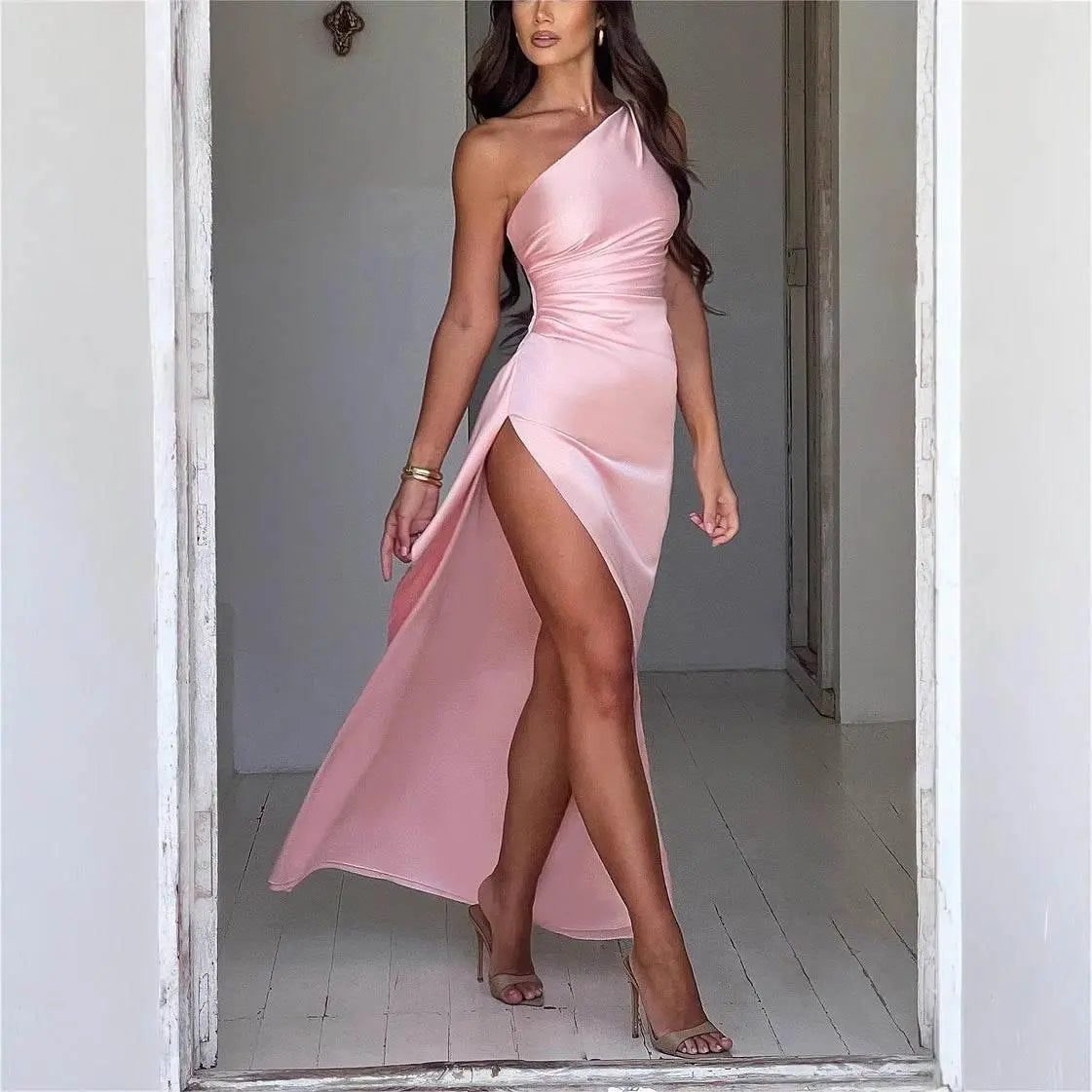 Graceful And Fashionable Slant Shoulder Split Satin Dress  Pre2brand