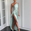 Graceful And Fashionable Slant Shoulder Split Satin Dress  Pre2brand