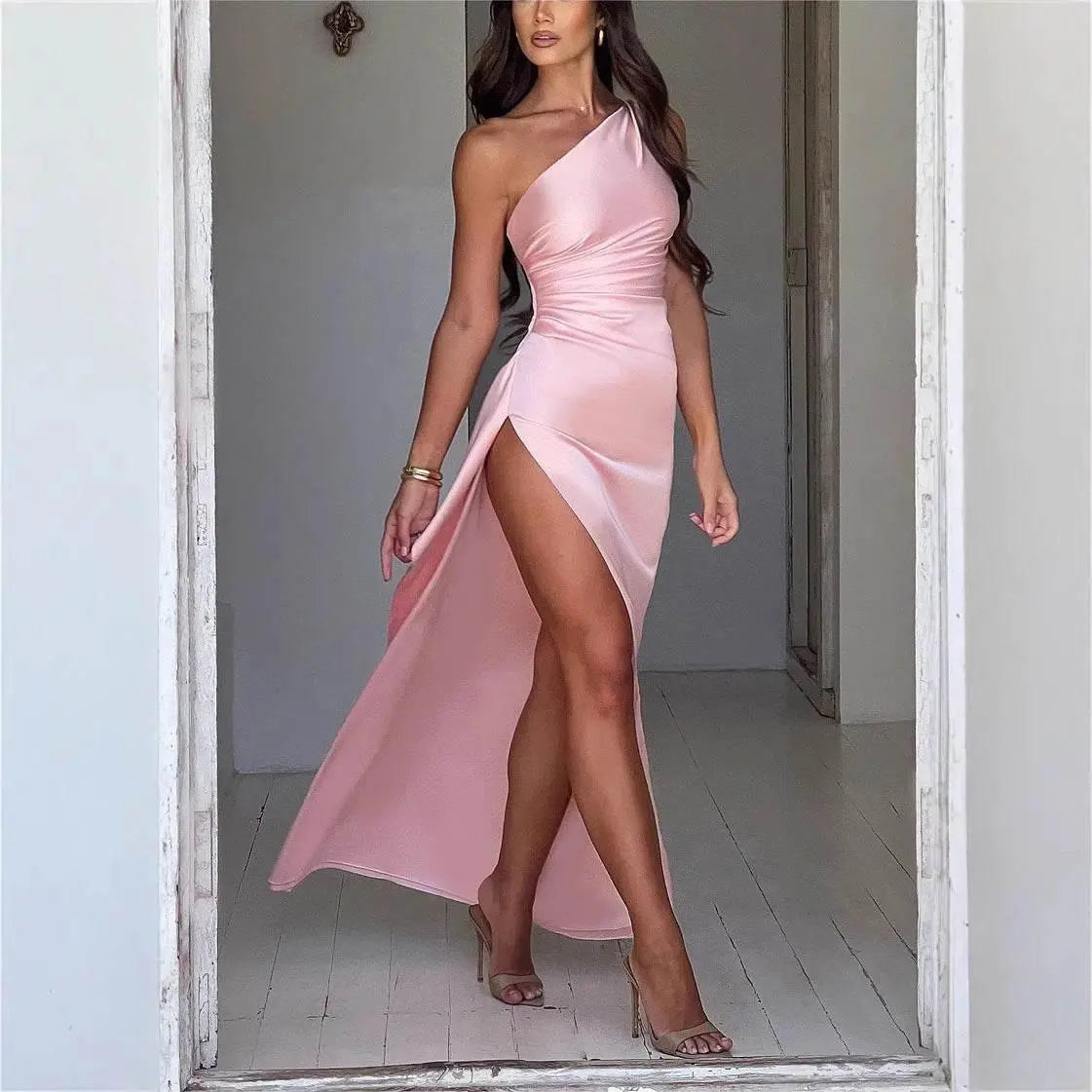 Graceful And Fashionable Slant Shoulder Split Satin Dress  Pre2brand