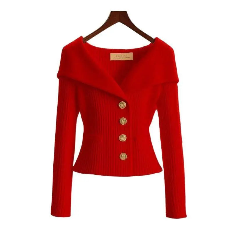 Red women’s off-shoulder knit blazer with gold buttons and fitted waist on hanger