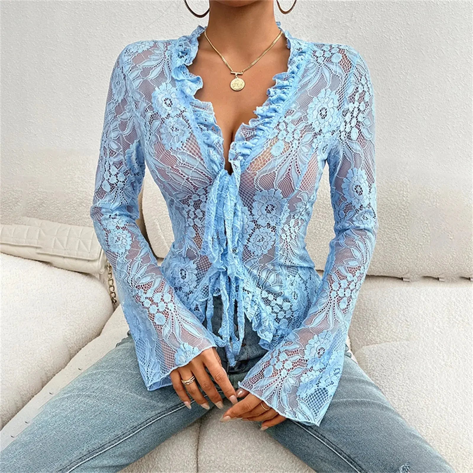 Mesh Lace T-Shirts Long Sleeve Tops  Pre2brand