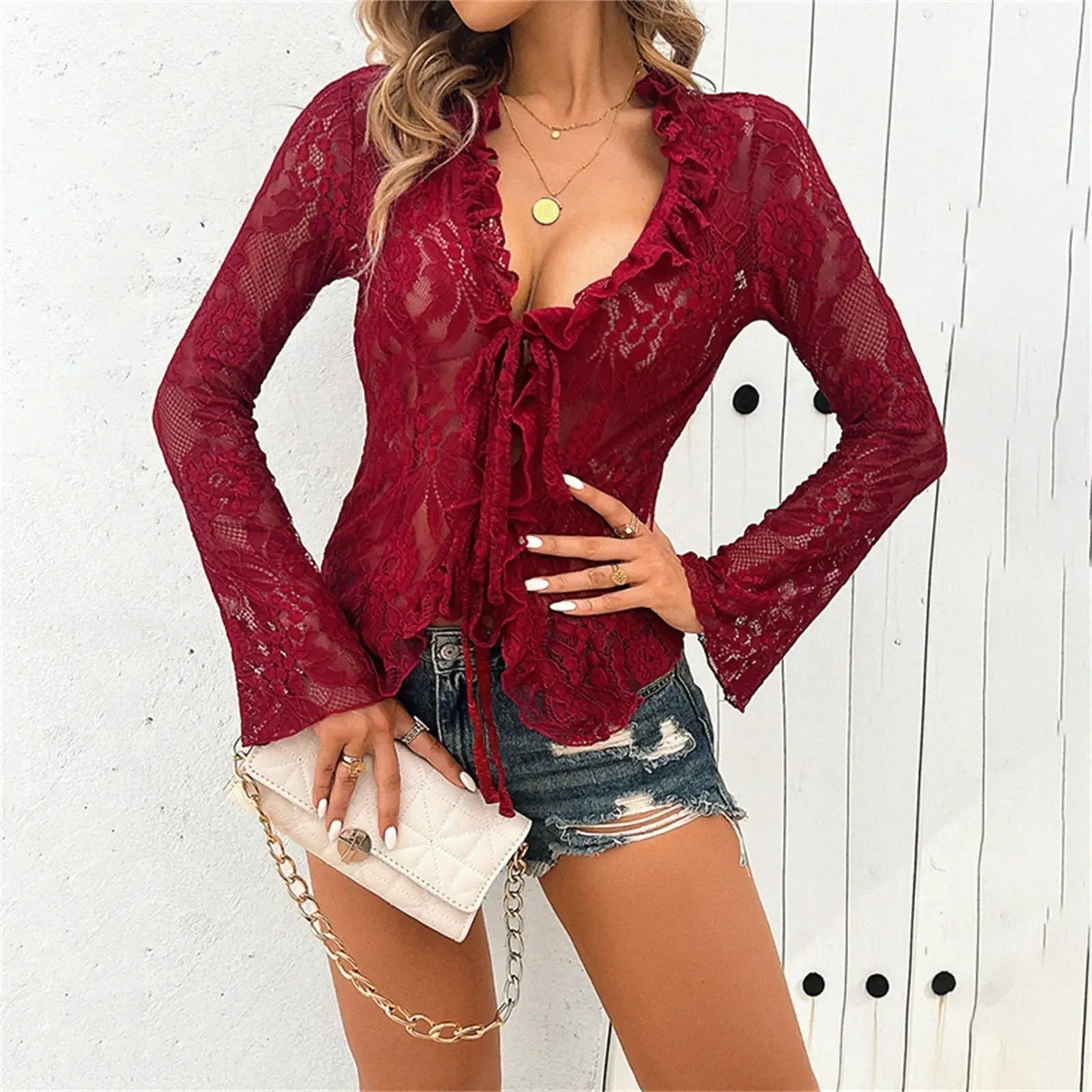Mesh Lace T-Shirts Long Sleeve Tops  Pre2brand