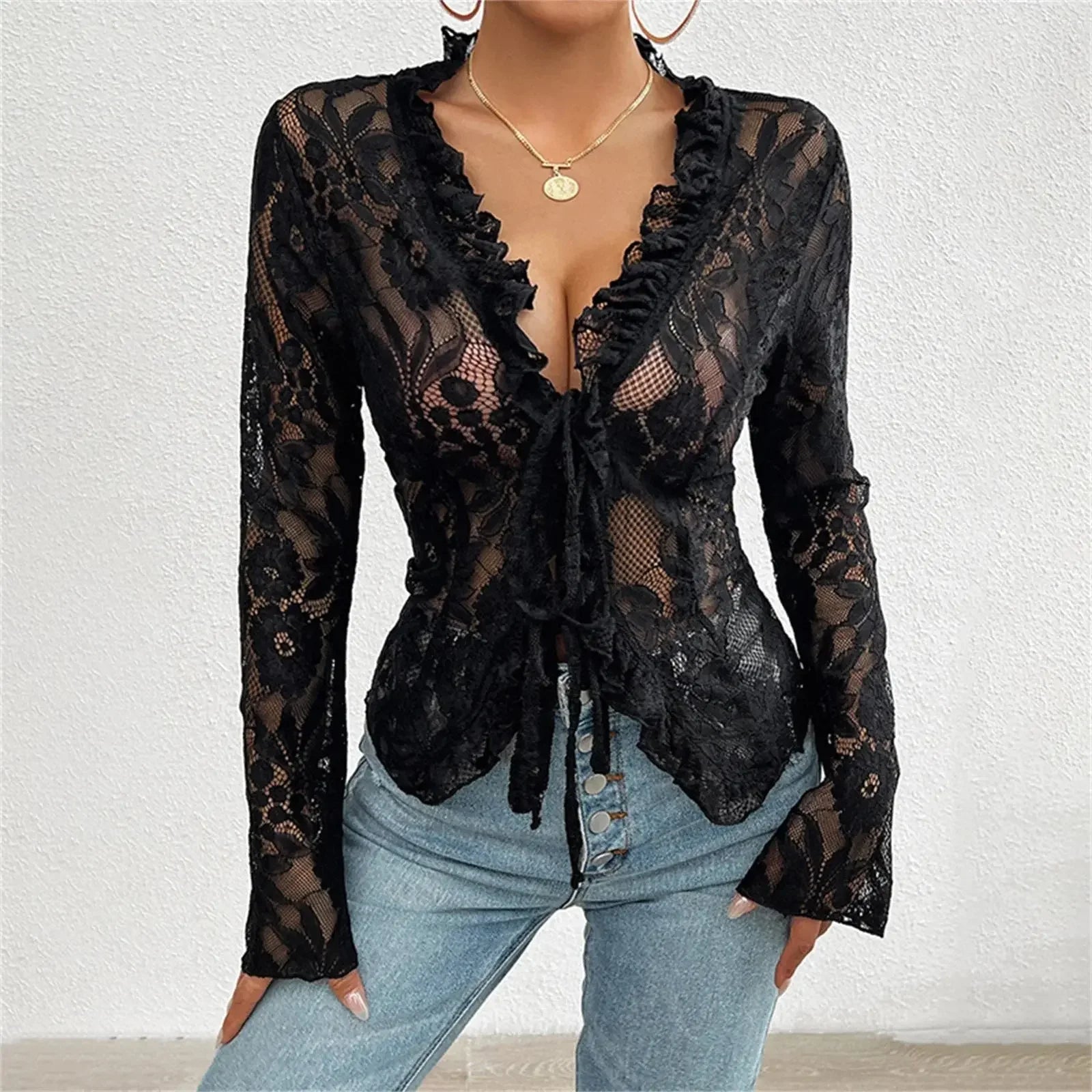 Mesh Lace T-Shirts Long Sleeve Tops  Pre2brand