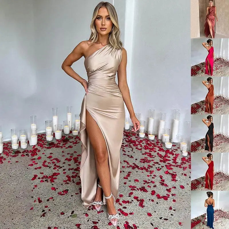 Sexy One-Shoulder Backless Slit Dress Summer Elegant Slim-Fit Solid Color Satin Dresses For Women  Pre2brand
