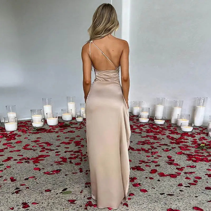 Sexy One-Shoulder Backless Slit Dress Summer Elegant Slim-Fit Solid Color Satin Dresses For Women  Pre2brand