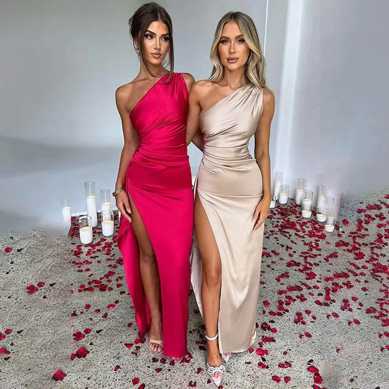 Sexy One-Shoulder Backless Slit Dress Summer Elegant Slim-Fit Solid Color Satin Dresses For Women  Pre2brand