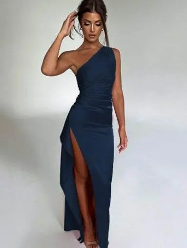 Sexy One-Shoulder Backless Slit Dress Summer Elegant Slim-Fit Solid Color Satin Dresses For Women  Pre2brand