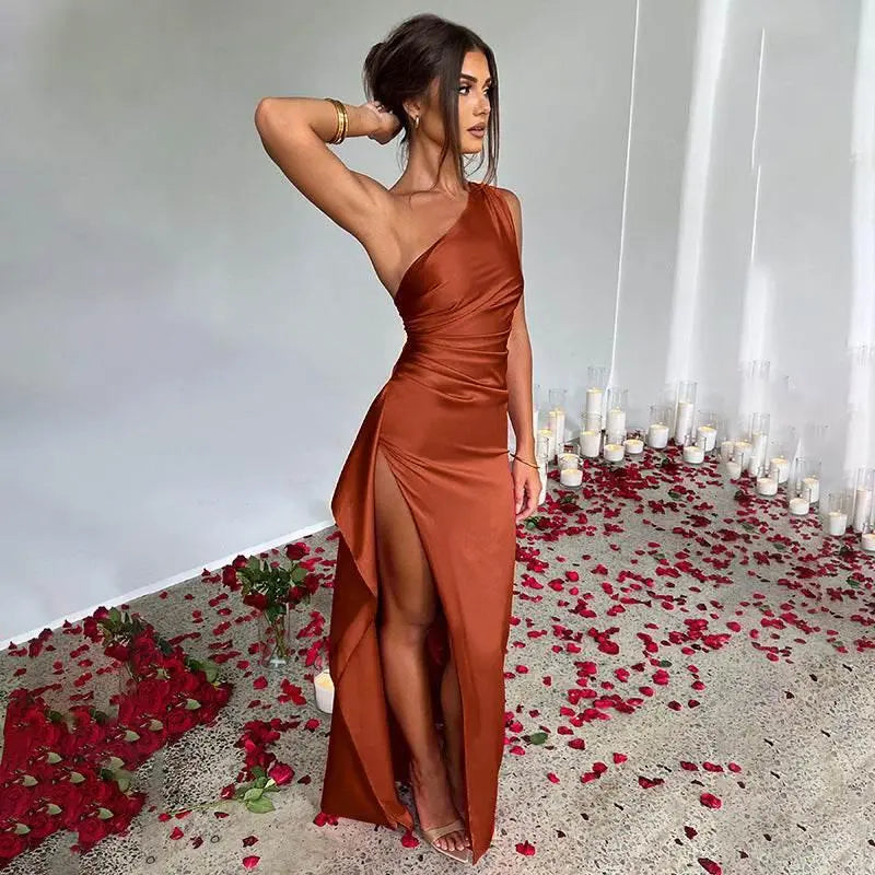 Sexy One-Shoulder Backless Slit Dress Summer Elegant Slim-Fit Solid Color Satin Dresses For Women  Pre2brand