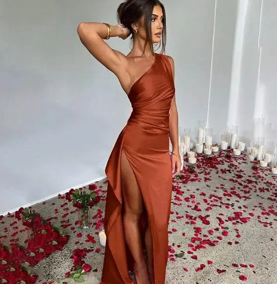 Sexy One-Shoulder Backless Slit Dress Summer Elegant Slim-Fit Solid Color Satin Dresses For Women  Pre2brand