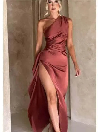 Sexy One-Shoulder Backless Slit Dress Summer Elegant Slim-Fit Solid Color Satin Dresses For Women  Pre2brand