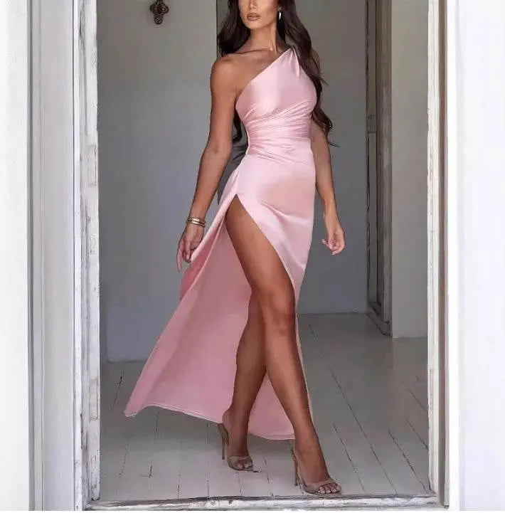 Sexy One-Shoulder Backless Slit Dress Summer Elegant Slim-Fit Solid Color Satin Dresses For Women  Pre2brand