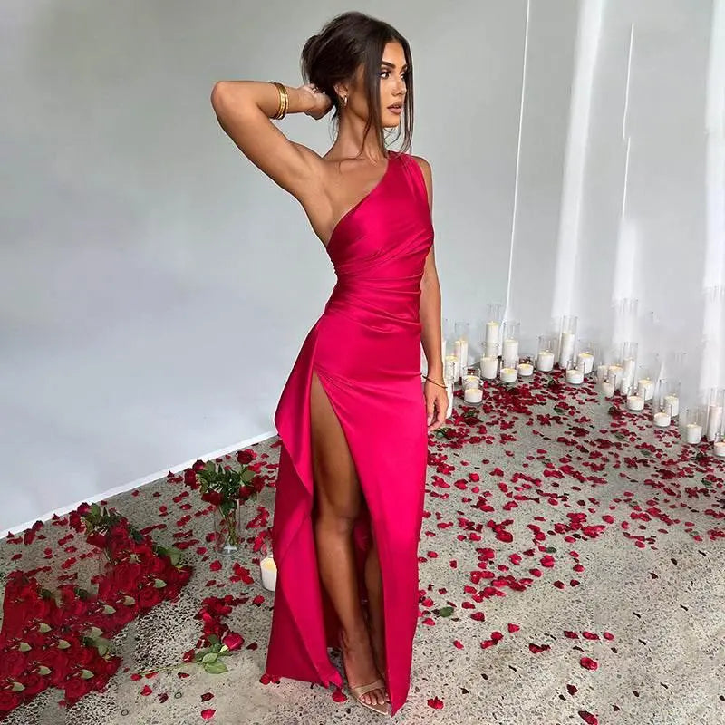 Sexy One-Shoulder Backless Slit Dress Summer Elegant Slim-Fit Solid Color Satin Dresses For Women  Pre2brand