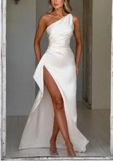Sexy One-Shoulder Backless Slit Dress Summer Elegant Slim-Fit Solid Color Satin Dresses For Women  Pre2brand