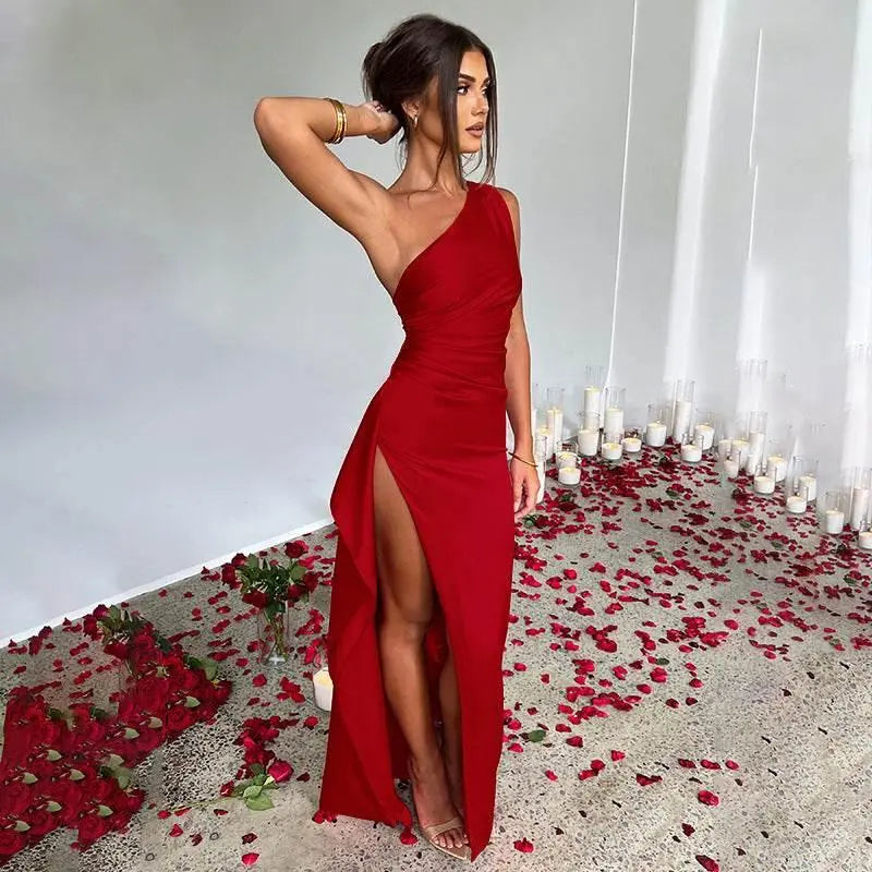 Sexy One-Shoulder Backless Slit Dress Summer Elegant Slim-Fit Solid Color Satin Dresses For Women  Pre2brand