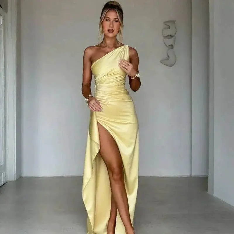 Sexy One-Shoulder Backless Slit Dress Summer Elegant Slim-Fit Solid Color Satin Dresses For Women  Pre2brand