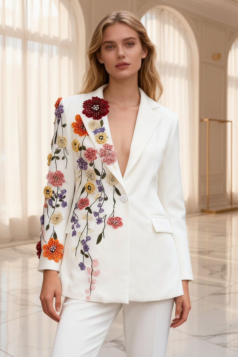 Woman wearing a white blazer with floral embroidery on a city street.