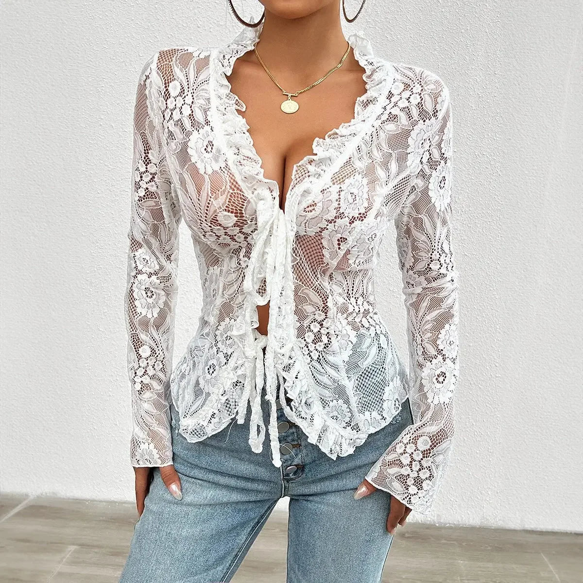 Spring Summer Slim-Fit Long Cuff Lace Top  Pre2brand