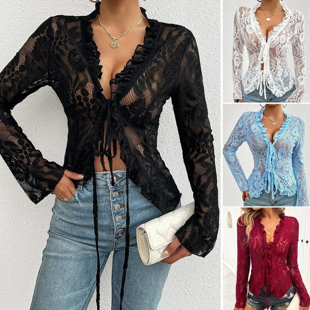 Spring Summer Slim-Fit Long Cuff Lace Top  Pre2brand