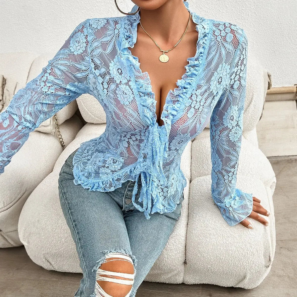 Spring Summer Slim-Fit Long Cuff Lace Top  Pre2brand