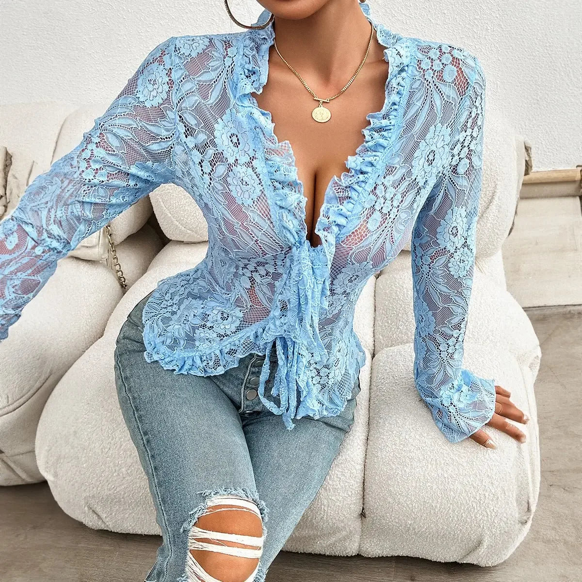 Spring Summer Slim-Fit Long Cuff Lace Top  Pre2brand