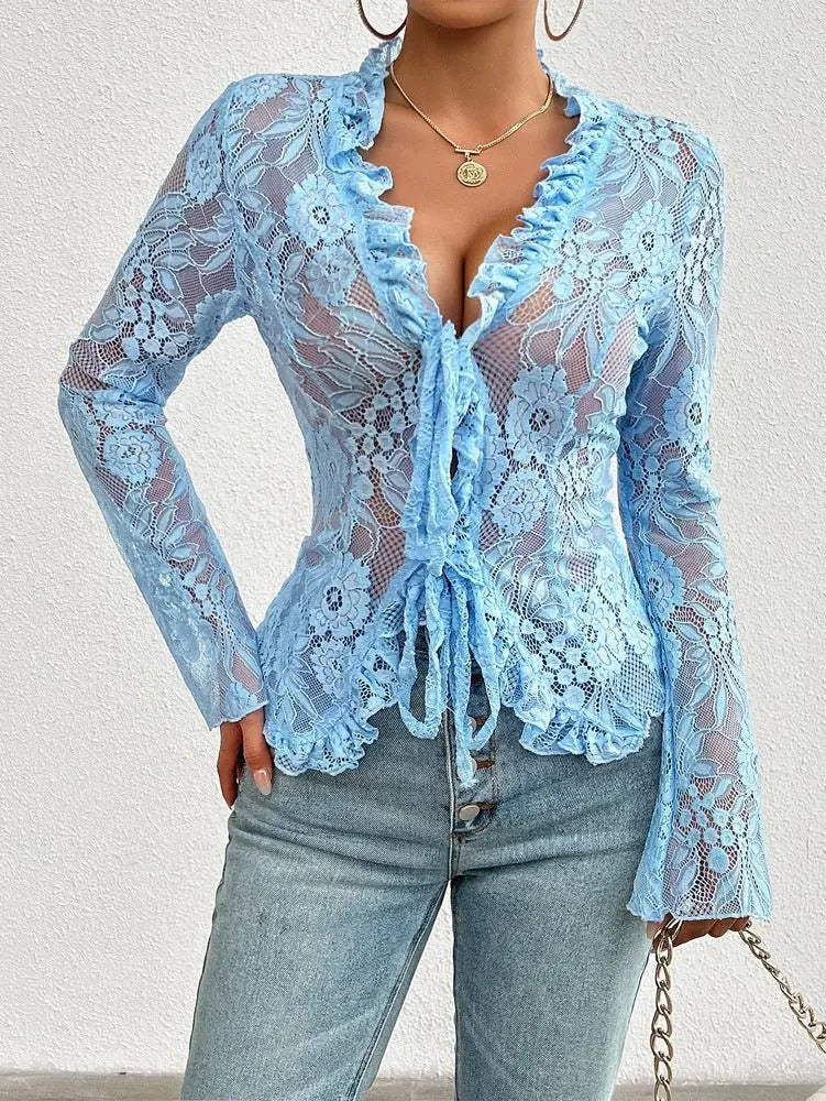 Spring Summer Slim-Fit Long Cuff Lace Top  Pre2brand