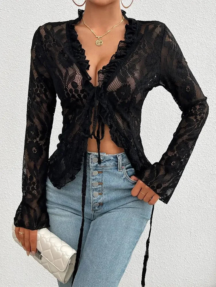 Spring Summer Slim-Fit Long Cuff Lace Top  Pre2brand