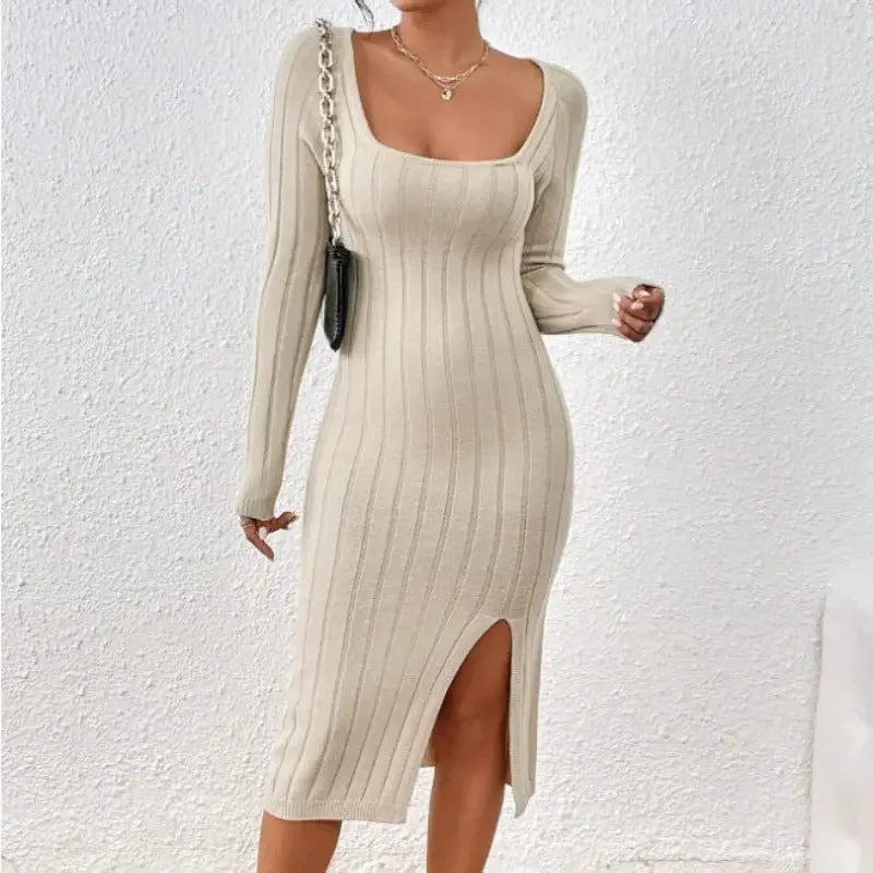 Square Collar Long Sleeve Knitted Dress Women  Pre2brand