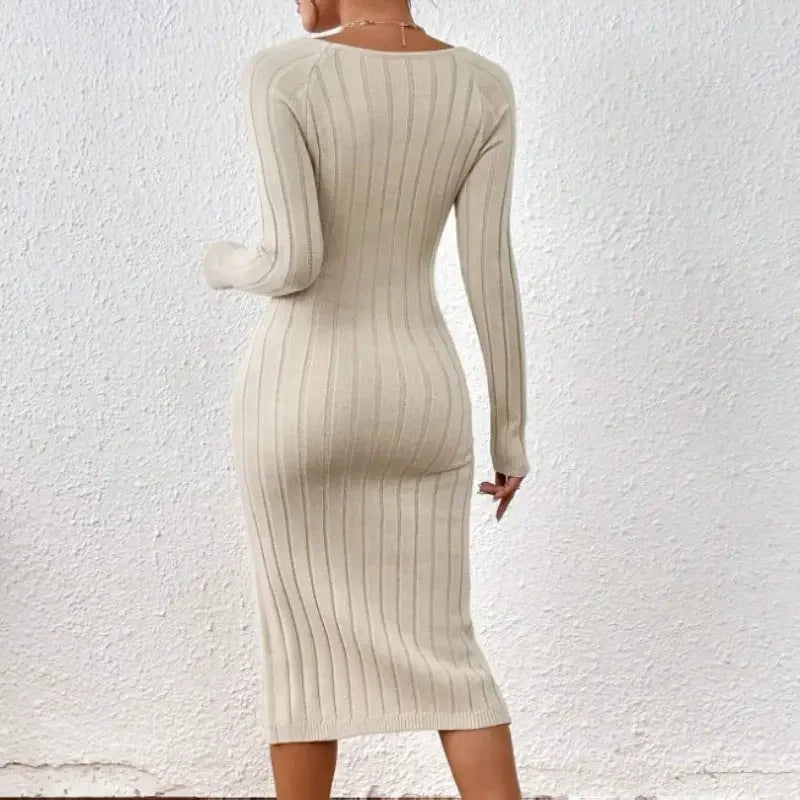 Square Collar Long Sleeve Knitted Dress Women  Pre2brand