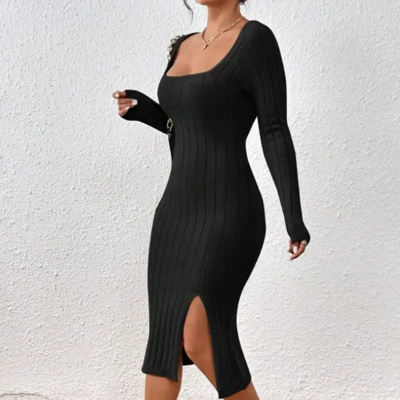 Square Collar Long Sleeve Knitted Dress Women  Pre2brand