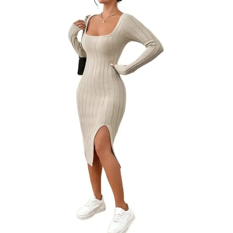 Square Collar Long Sleeve Knitted Dress Women  Pre2brand
