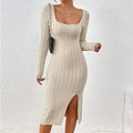 Square Collar Long Sleeve Knitted Dress Women  Pre2brand
