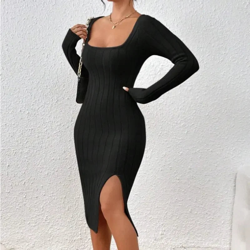 Square Collar Long Sleeve Knitted Dress Women  Pre2brand