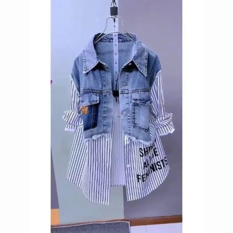 Striped Denim Coat Women'S Design Niche Jacket Top  Pre2brand