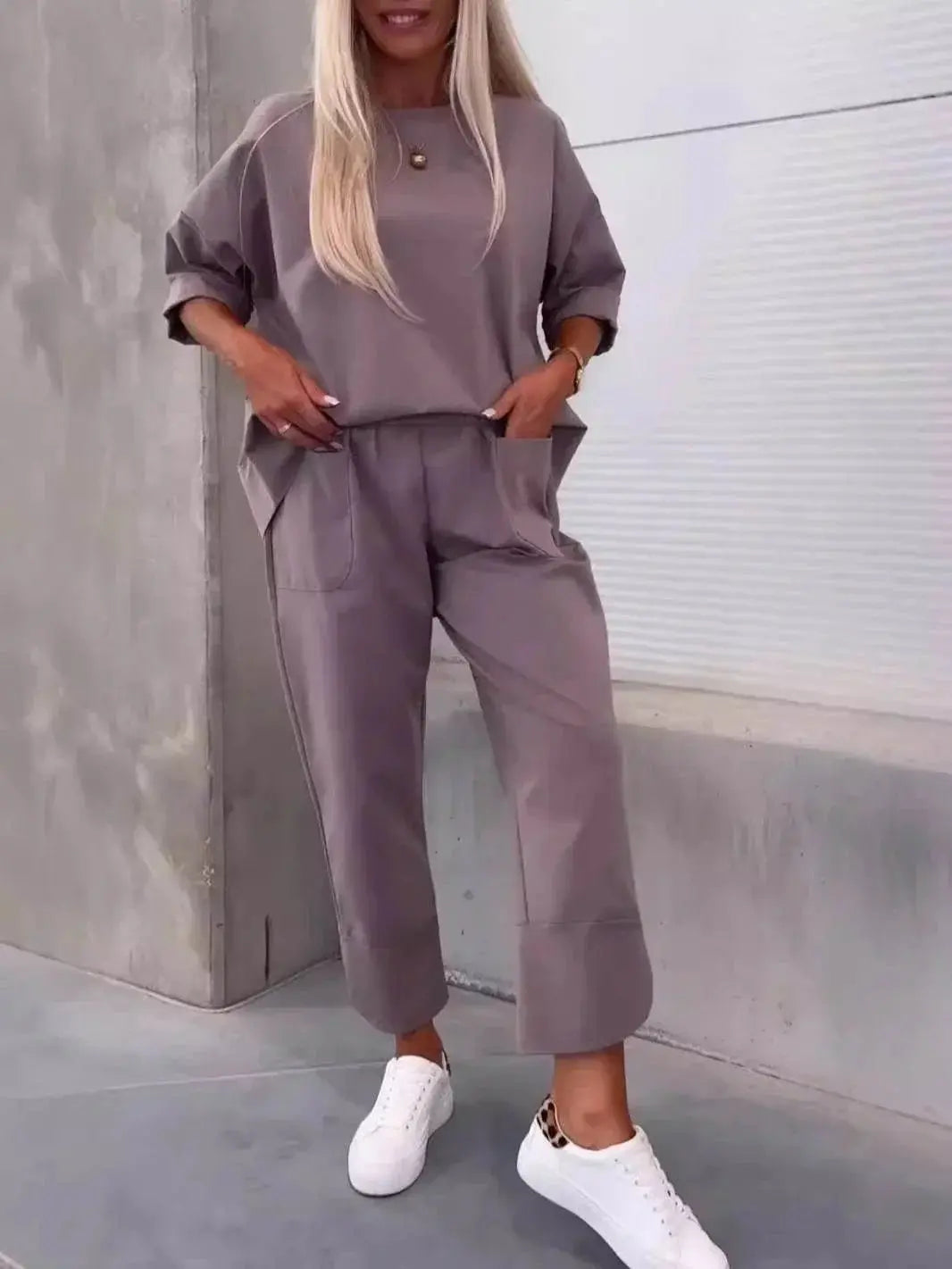 Two-Piece Solid Color Round Neck Cropped Pants Set  Pre2brand
