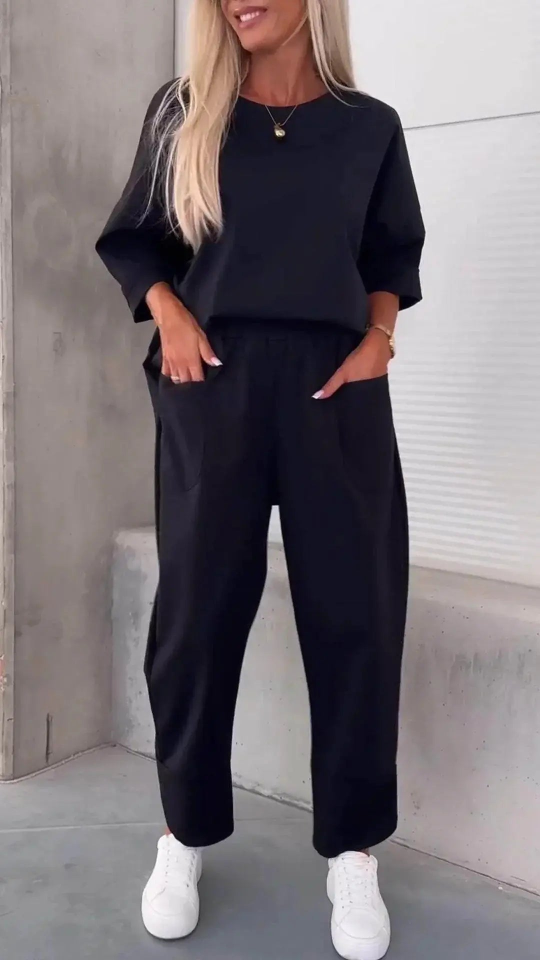 Two-Piece Solid Color Round Neck Cropped Pants Set  Pre2brand