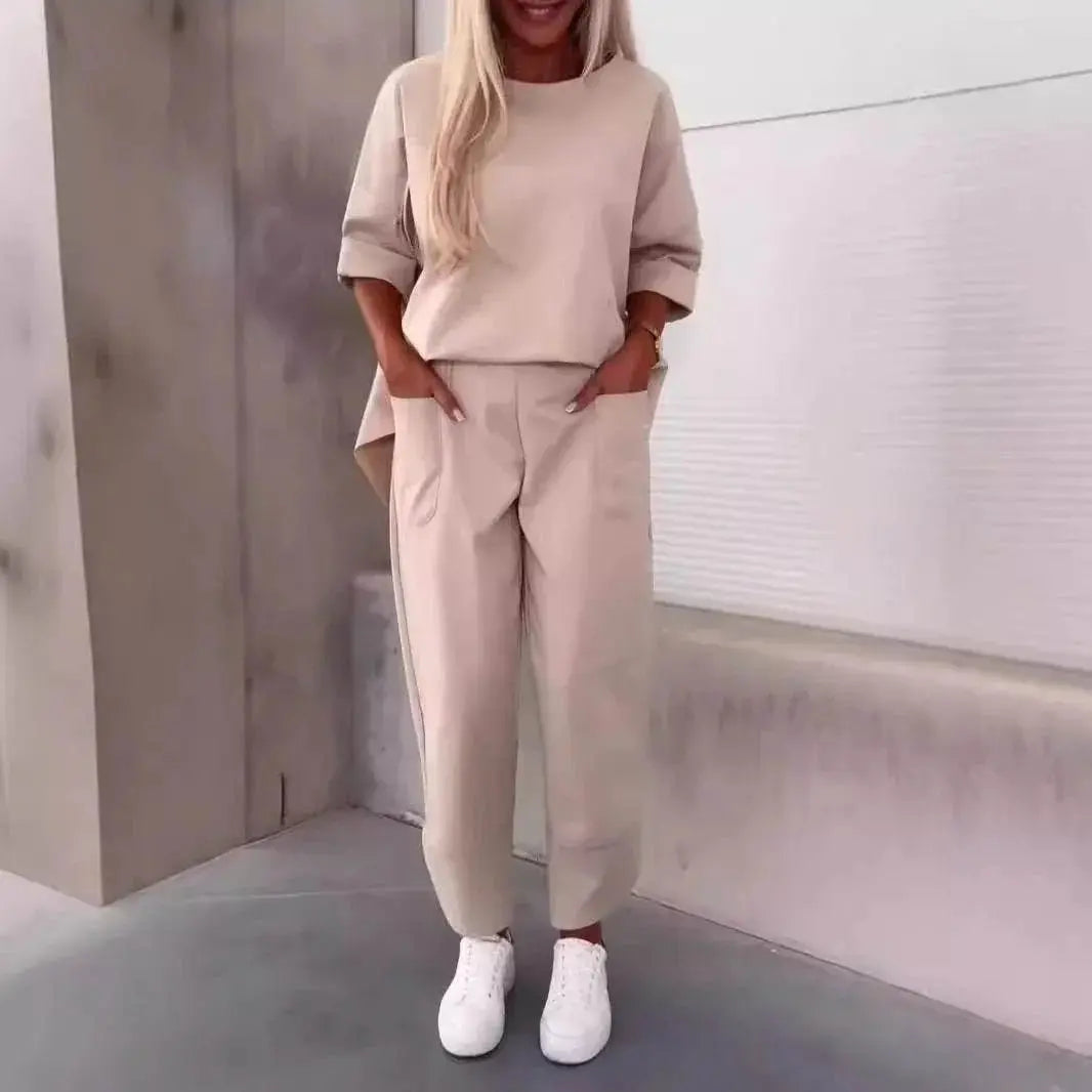 Two-Piece Solid Color Round Neck Cropped Pants Set  Pre2brand