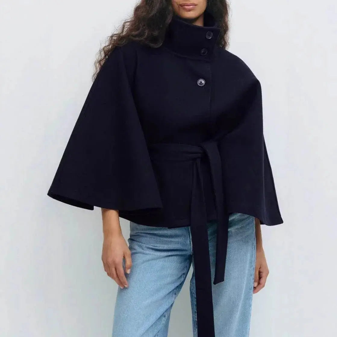 Winter High Neck Batwing Sleeve Coat With Belt Fashion Loose Elegant Button Top Trench Coat For Women Clothing  Pre2brand