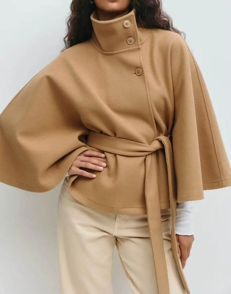 Winter High Neck Batwing Sleeve Coat With Belt Fashion Loose Elegant Button Top Trench Coat For Women Clothing  Pre2brand