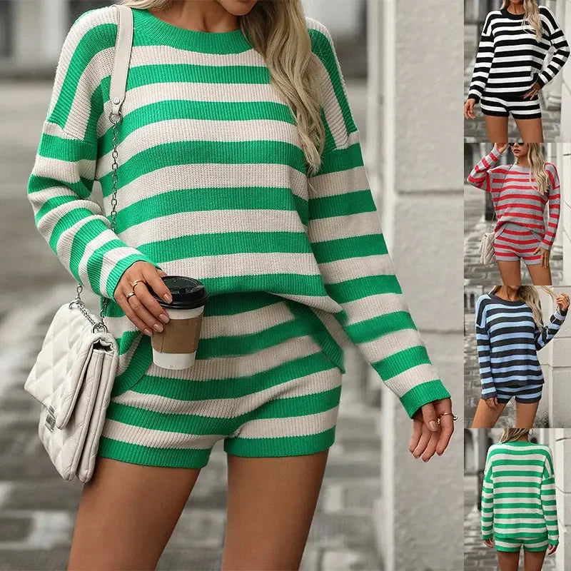 Women 2pcs Striped Knitted Long Sleeve Pullover Sweater  Pre2brand