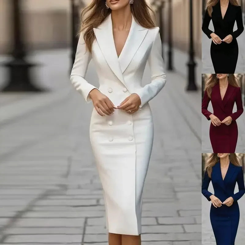 Women Solid Color Notch Lapel Dress Long Sleeve  Pre2brand