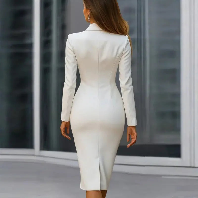Women Solid Color Notch Lapel Dress Long Sleeve  Pre2brand