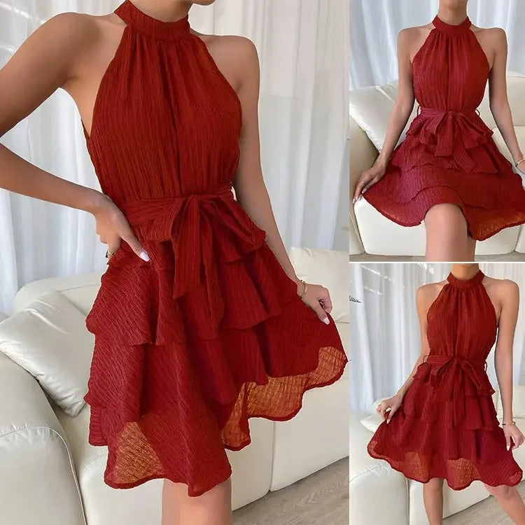 Women'S Halterneck Dresses Sleeveless Ruffle Dress  Pre2brand