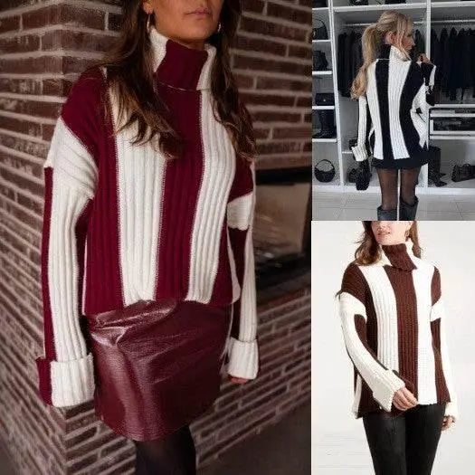 Women'S Patchwork Turtleneck Long-Sleeved Sweater  Pre2brand
