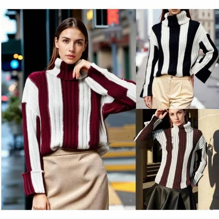 Women'S Patchwork Turtleneck Long-Sleeved Sweater  Pre2brand
