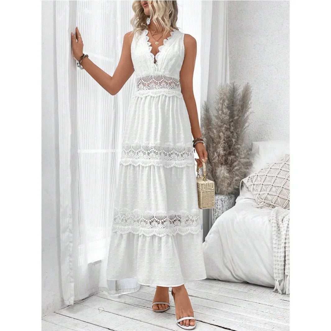 Women'S Lace Stitching V-Neck Sleeveless Dress  Pre2brand