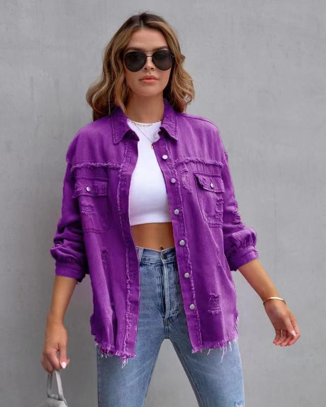 Fashion Ripped Shirt Jacket Female Autumn And Spring Casual Tops Womens Clothing  Pre2brand