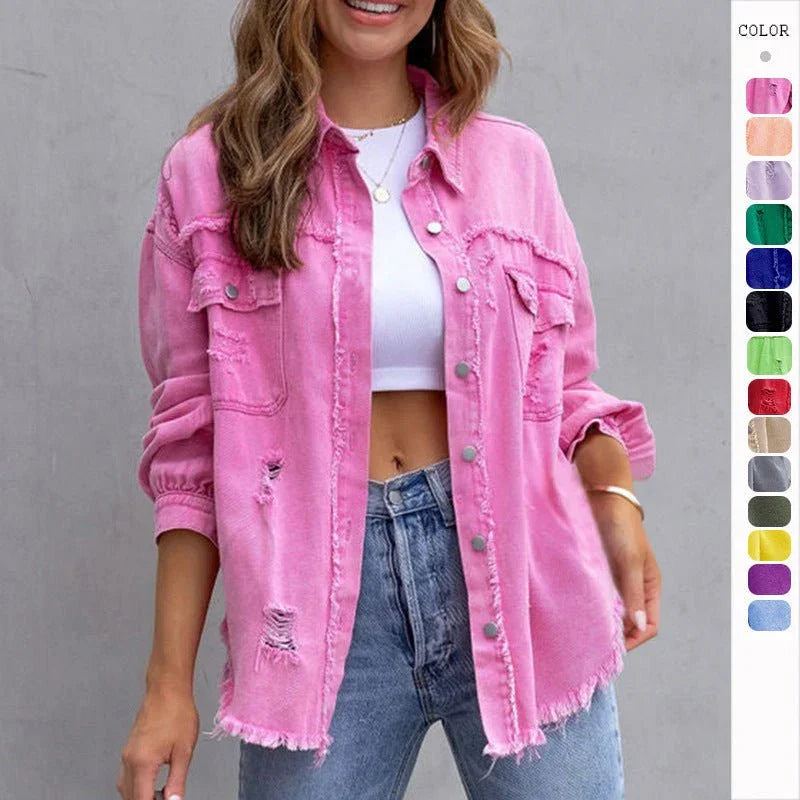 Fashion Ripped Shirt Jacket Female Autumn And Spring Casual Tops Womens Clothing  Pre2brand