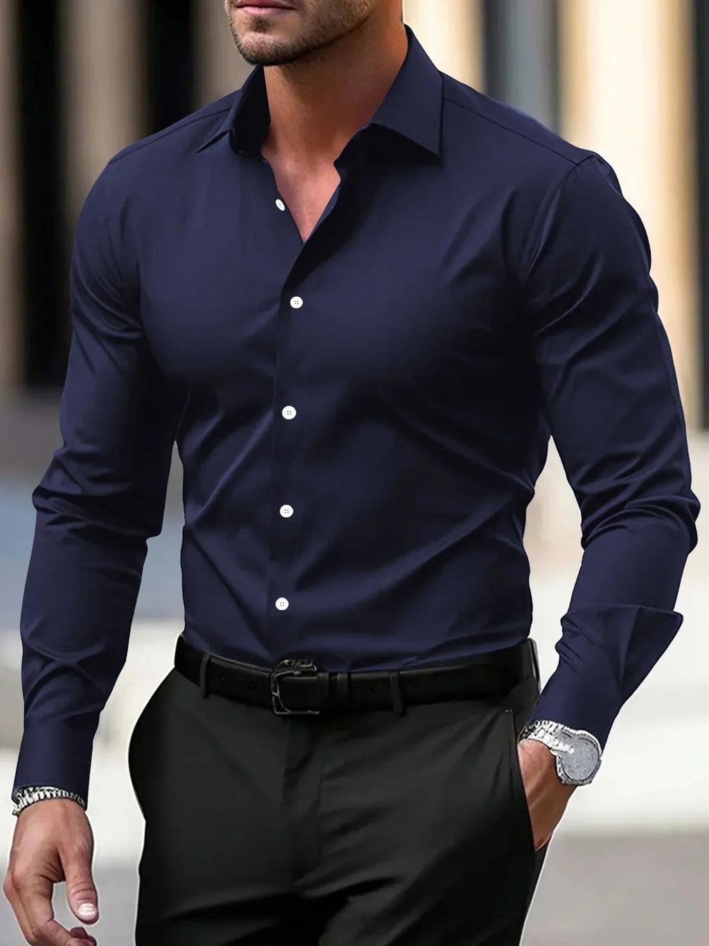 Men's Solid Color Long Sleeve Dress Shirt  Pre2brand